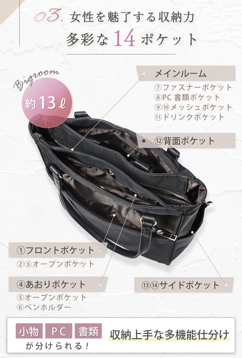 女性を魅了する収納力 多彩な14ポケット ①フロントポケット ②③オープンポケット ④あおりポケット ⑤オープンポケット ⑥ペンホルダー メインルーム⑦ファスナーポケット⑧PC書類ポケット ⑨⑩メッシュポケット ⑪ドリンクポケット ⑫背面ポケット ⑬⑭サイドポケット 小物・PC・書類が分けられる!収納上手な多機能仕分け